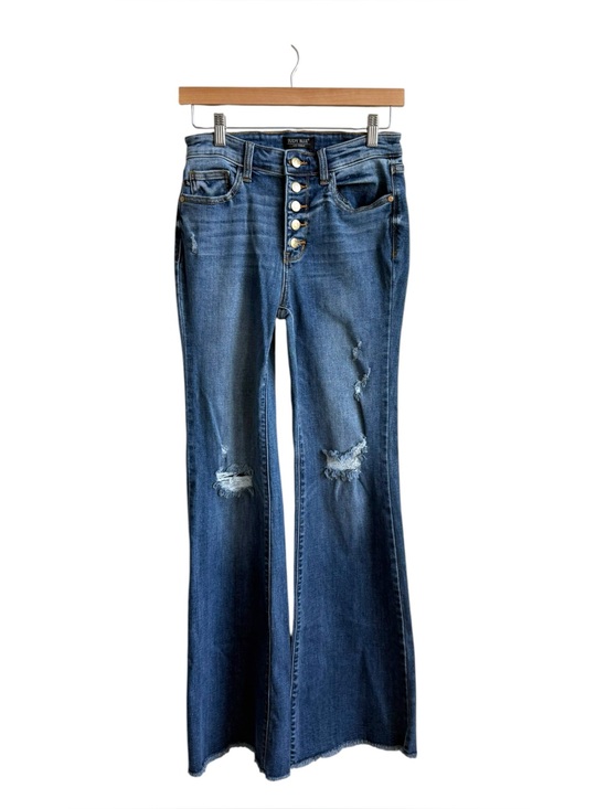 Judy Blue Denim - Judy Blue Mid Rise Button Fly Destroyed Fray Hem Flare Jeans Size 26